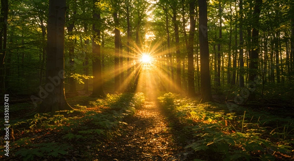 Obraz Sun rays shining through the trees in the forrest 