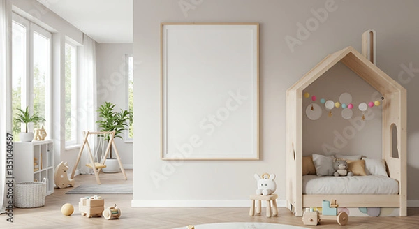 Fototapeta Frame mockup, ISO A paper size. Kids Room wall poster mockup. Interior mockup with house background. Modern interior design. 3D render