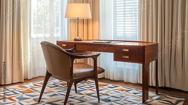 Fototapeta Midcentury Desk with Chair, and Sunny Room.