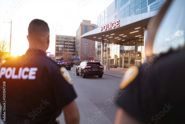 Fototapeta Police officers guarding station at sunset with us flag