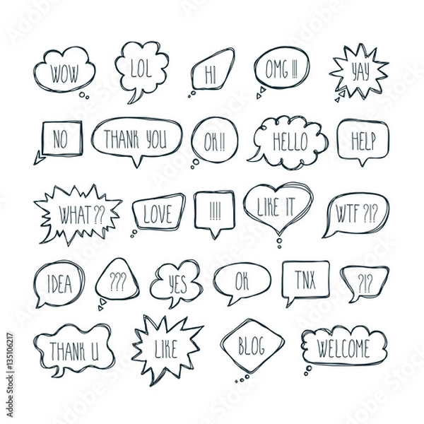 Fototapeta Big set of comic bubbles with short messages. Hand drawn speech