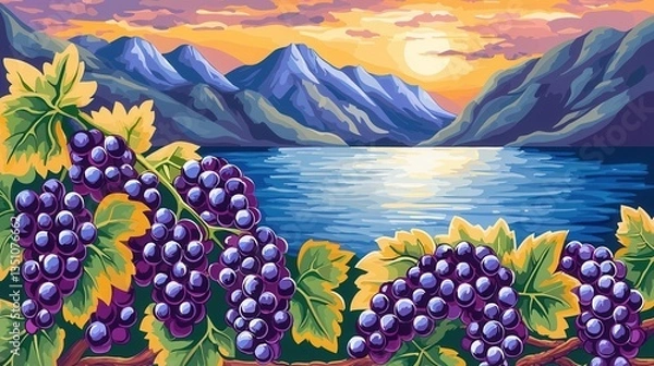 Obraz Serene Sunset Landscape with Lush Grape Vines and Mountain Lake