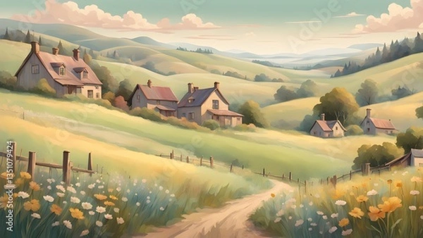 Fototapeta A picturesque painting charming houses nestled amongst rolling green hills wildflowers, under a soft, summer sky.