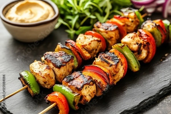 Fototapeta A large serving of mixed kebab platter featuring lamb, chicken, and beef skewers with garlic sauce and warm flatbread on a wooden board