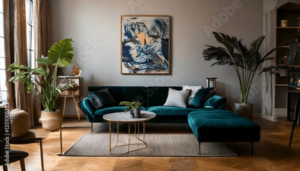 Fototapeta Luxury and modern home interior with design green sofa, navy commode, tables, pouf and accessroies. A lot of plants in the room. Abstract painting. Stylish decor of living room with brown parquet.
