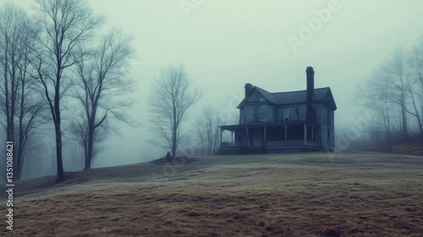 Fototapeta Mysterious foggy landscape featuring an old house on a hill surrounded by trees