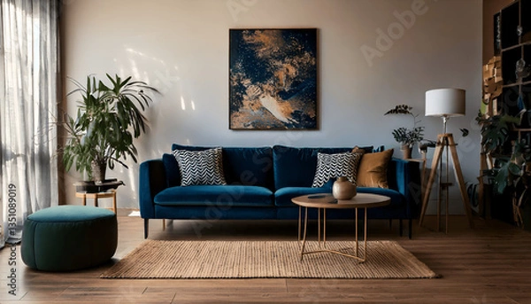 Fototapeta Luxury and modern home interior with design green sofa, navy commode, tables, pouf and accessroies. A lot of plants in the room. Abstract painting. Stylish decor of living room with brown parquet.