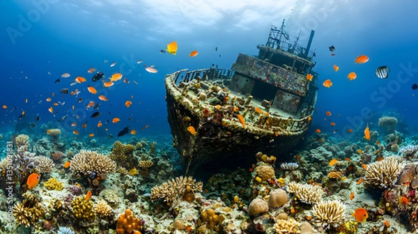 Fototapeta A Vibrant Underwater World Teeming With Colorful Fish Surrounding A Majestic Sunken Ship, Bathed In Sunlight Filtering Through The Oceans Surface