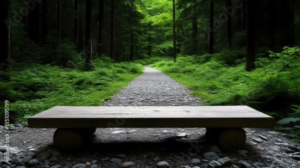 Obraz Tranquil forest path with a wooden bench