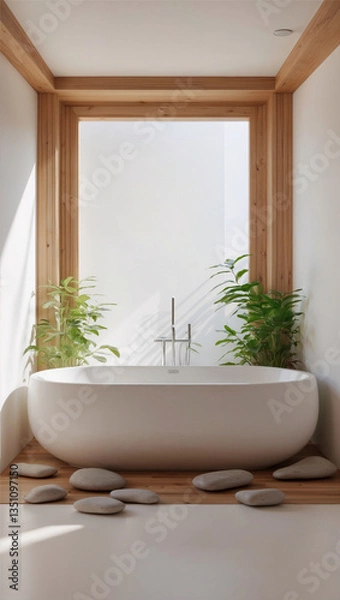 Fototapeta Minimal serenity — soak in clean lines, warm wood, and nature’s quiet charm in a peaceful bath retreat