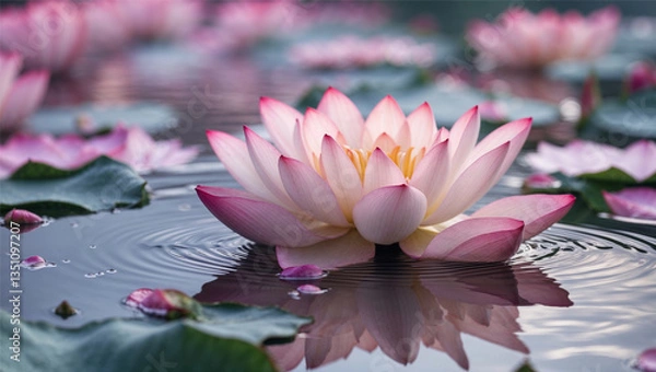 Fototapeta Graceful lotus petals drifting on still water — a moment of peace, balance, and gentle reflection.