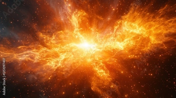 Fototapeta Stunning cosmic explosion with fiery orange and yellow nebula in deep space