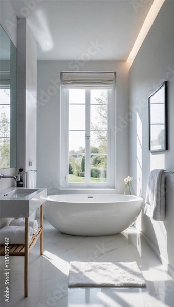 Fototapeta Scandinavian serenity — clean lines, soft light, and minimal charm in a calming bath retreat.
