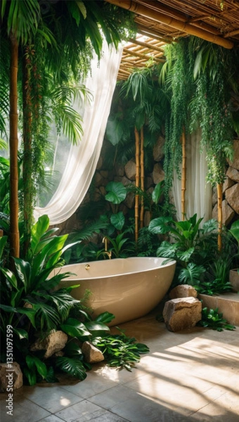 Fototapeta Relax in a tropical oasis — where sunlight, stone, and greenery turn your bath into a jungle retreat.