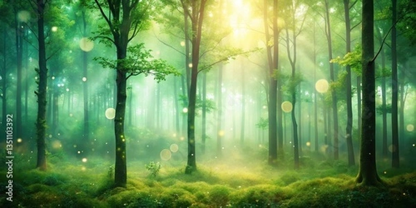 Fototapeta Misty forest with green bokeh background and blurred trees, capturing a serene atmosphere , bokeh, nature,  bokeh, nature