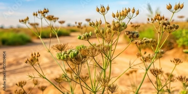 Fototapeta Unripened cumin plants in an Egyptian field with dry brown leaves and green stems growing in sandy soil , sand, unripe,  sand, unripe