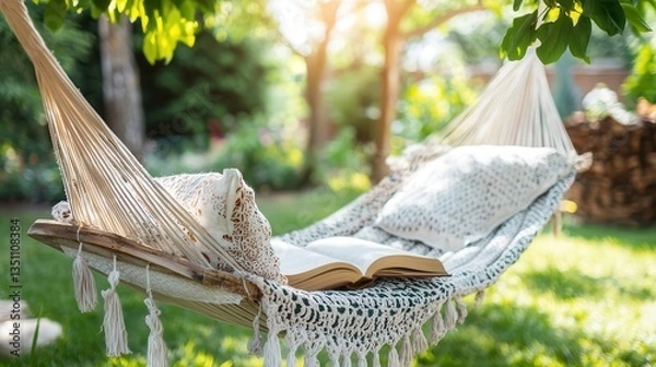 Obraz Relaxing in a Hammock with a Book on a Sunny Day