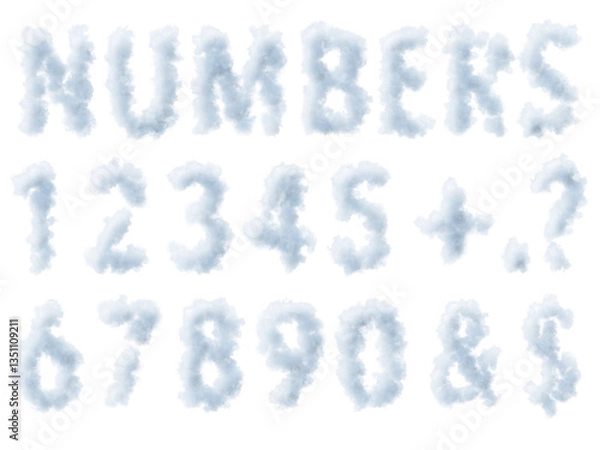 Fototapeta PNG, cloudy numbers, mathematical symbols, and lettering against a clear background, ideal for concepts related to weather, climate, and numerology