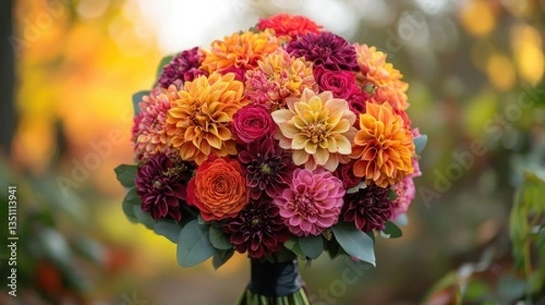 Fototapeta Colorful bouquet of fresh flowers featuring dahlias and roses during autumn in a garden setting