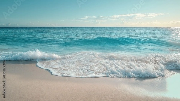 Obraz Blue ocean waves crash on the beach, sunlight sparkling on the wet sand and foamy water under a vast blue sky and horizon.
