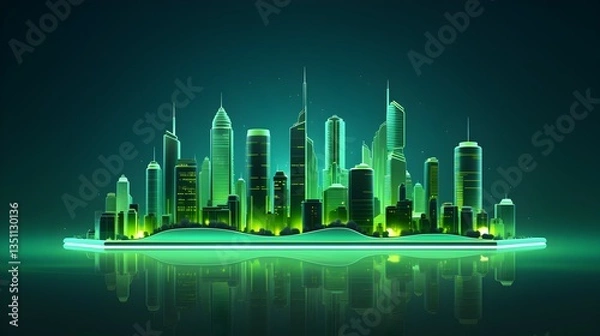 Fototapeta A vibrant, futuristic city glowing with emerald energy, a beacon of sustainable innovation in a dark, reflective waterscape.