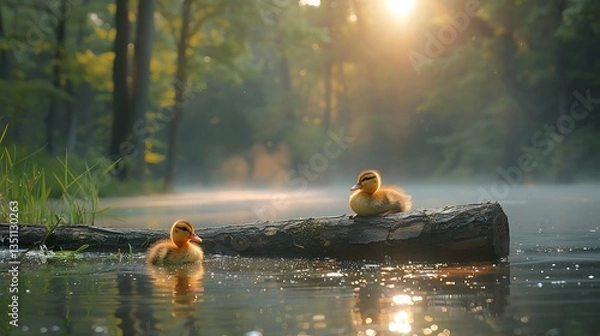 Obraz Two ducklings resting on a log in a serene forest pond at sunrise, surrounded by mist and greenery