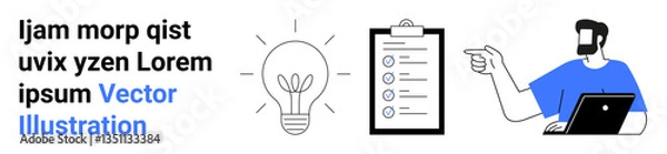 Fototapeta Light bulb signifying idea, checklist on clipboard, person with laptop pointing. Ideal for creativity, planning, teamwork, productivity, innovation, project management flat landing page banner
