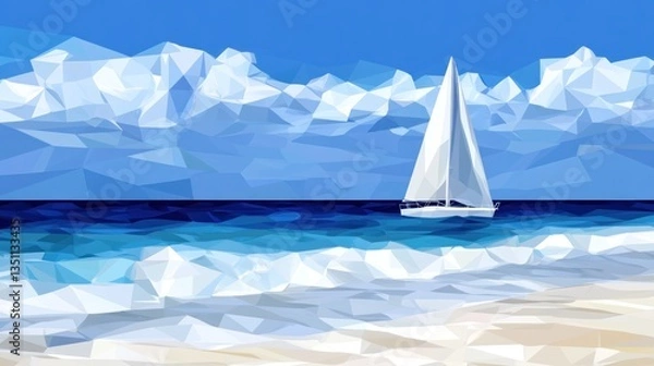 Obraz Low Poly Sailboat on a Beach Scene
