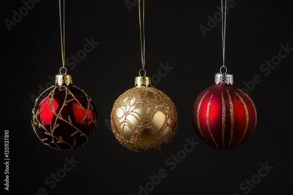 Fototapeta Colorful Christmas ornaments hanging against a dark background capturing the festive spirit of the holiday season in December
