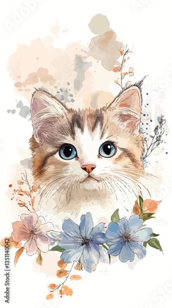 Fototapeta Charming Cat with Floral Accents Watercolor Vector Illustration for Decor
