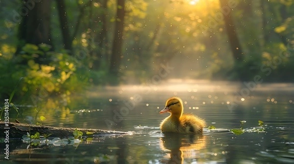 Fototapeta A serene scene featuring a duckling swimming in a tranquil forest pond during sunrise, with soft light filtering through trees