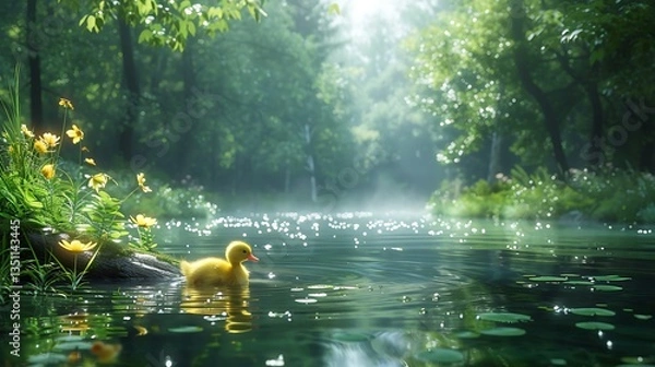 Obraz A serene scene depicting a yellow duckling swimming in a tranquil forest pond surrounded by lush greenery