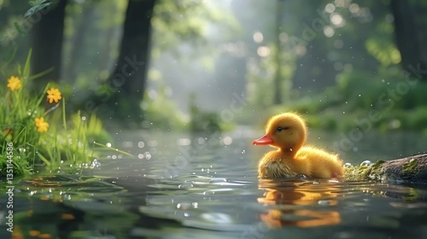 Obraz A fluffy duckling swimming peacefully in a serene forest pond surrounded by vibrant flowers and sunlight