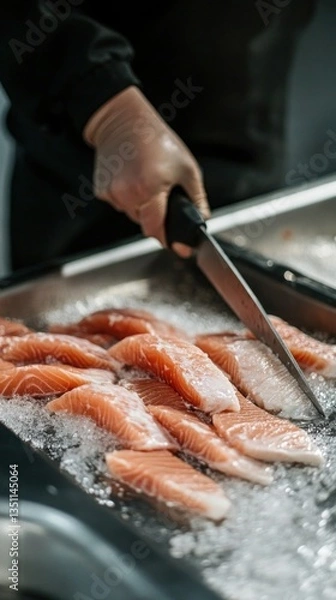 Fototapeta A person checking the temperature of refrigerated fish storage in a factory warehouse, ensuring freshness