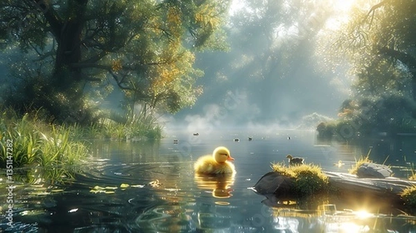Obraz A serene morning scene featuring a fluffy duckling swimming in a tranquil pond surrounded by lush greenery