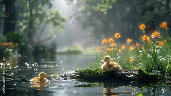 Obraz Two ducklings swim and rest on a log in a serene pond surrounded by vibrant flowers and lush greenery