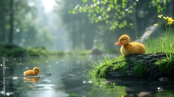 Obraz Two adorable ducklings play and relax by a serene forest pond, surrounded by vibrant greenery and flowers
