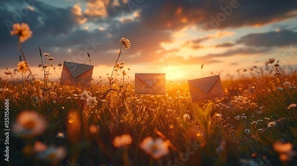 Obraz Envelopes floating in a vibrant sunset over a flower-filled meadow, symbolizing communication and connection