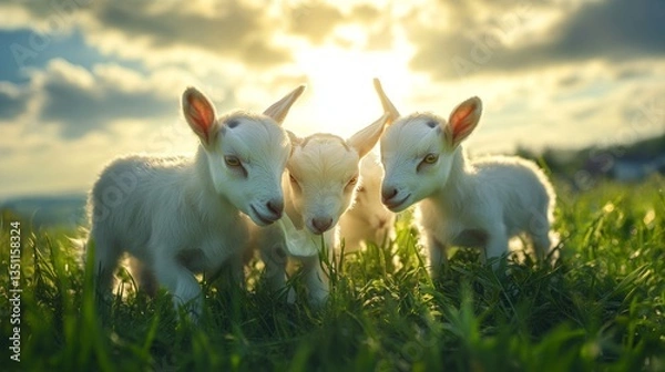 Fototapeta A rural farm scene with a grandmother milking her cow in the golden sunlight, a cat beside her, both enjoying the quiet beauty of the farm,A realistic rural setting where a cow is being milked under 