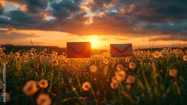 Obraz Two envelopes resting in a vibrant field of dandelions under a stunning sunset, symbolizing communication