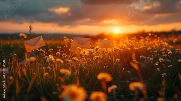 Obraz Envelopes placed in a vibrant flower field at sunset, capturing a serene and magical atmosphere