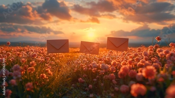 Obraz Envelopes floating above a vibrant flower field at sunset, symbolizing communication and nature's beauty