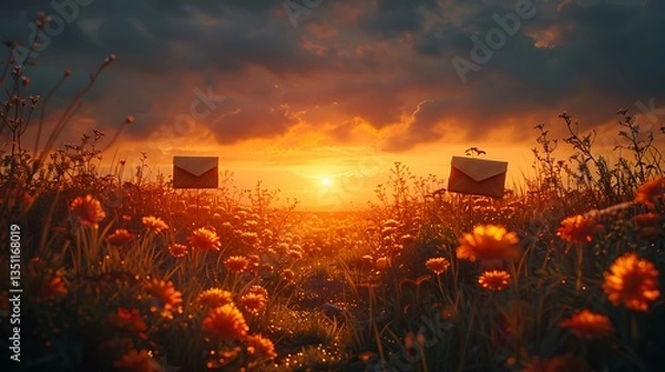 Obraz Two letters resting in a vibrant flower field during a stunning sunset, symbolizing communication and nature