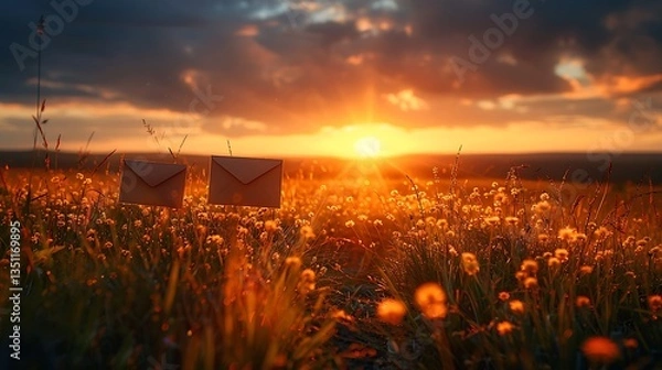 Obraz Two envelopes resting in a vibrant field of flowers at sunset, capturing a serene moment of nature