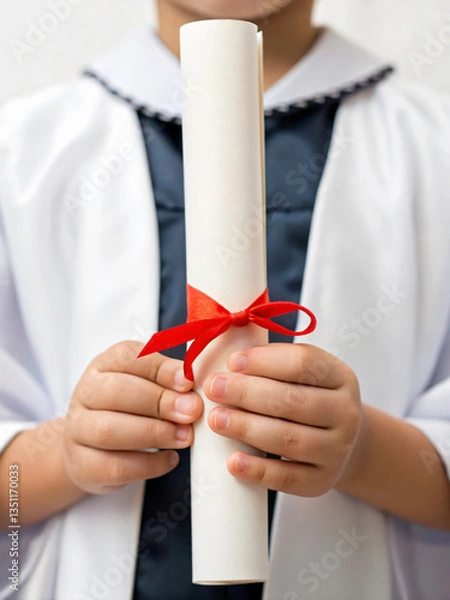 Fototapeta Child Holding Graduation Scroll with Red Ribbon in Graduation Robe Smiling Proudly