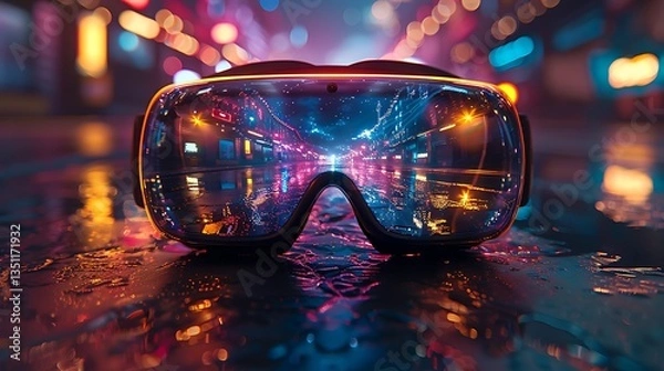Obraz Futuristic virtual reality glasses resting on a wet street, reflecting vibrant city lights at night