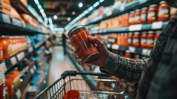 Fototapeta Person Choosing a Jar of Red Sauce at the Grocery Store