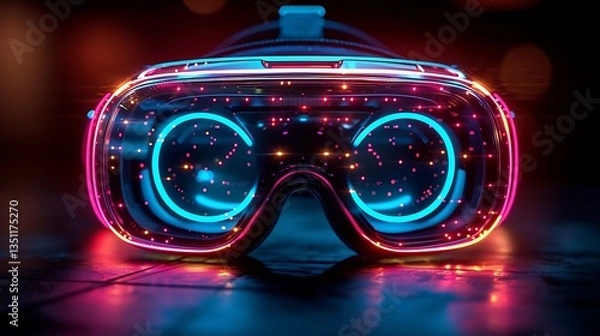 Obraz Futuristic virtual reality headset glowing with neon lights, set against a blurred digital background