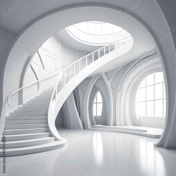 Fototapeta Modern White Spiral Staircase in Futuristic Architecture