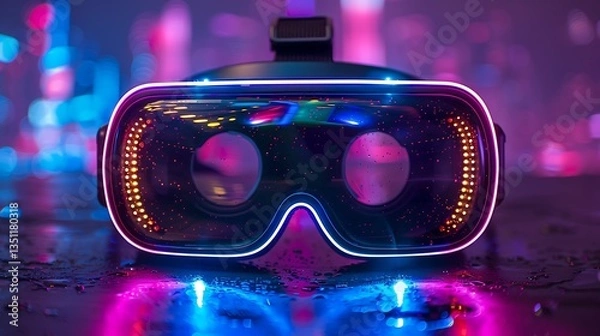 Obraz Futuristic VR headset glowing with neon lights against a vibrant cityscape at night, showcasing technology